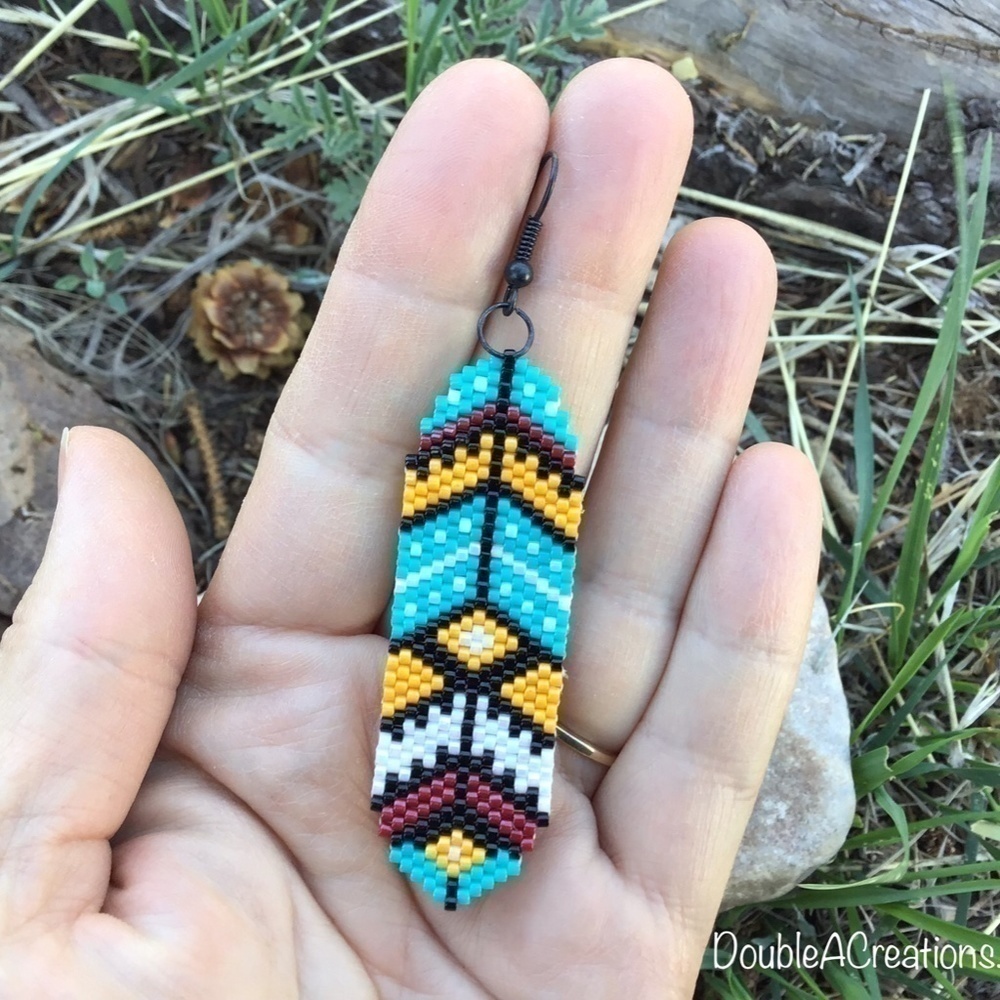 Southwest Turquoise Feathers Beaded Earrings, New, Handmade by Me - Picture 6 of 7